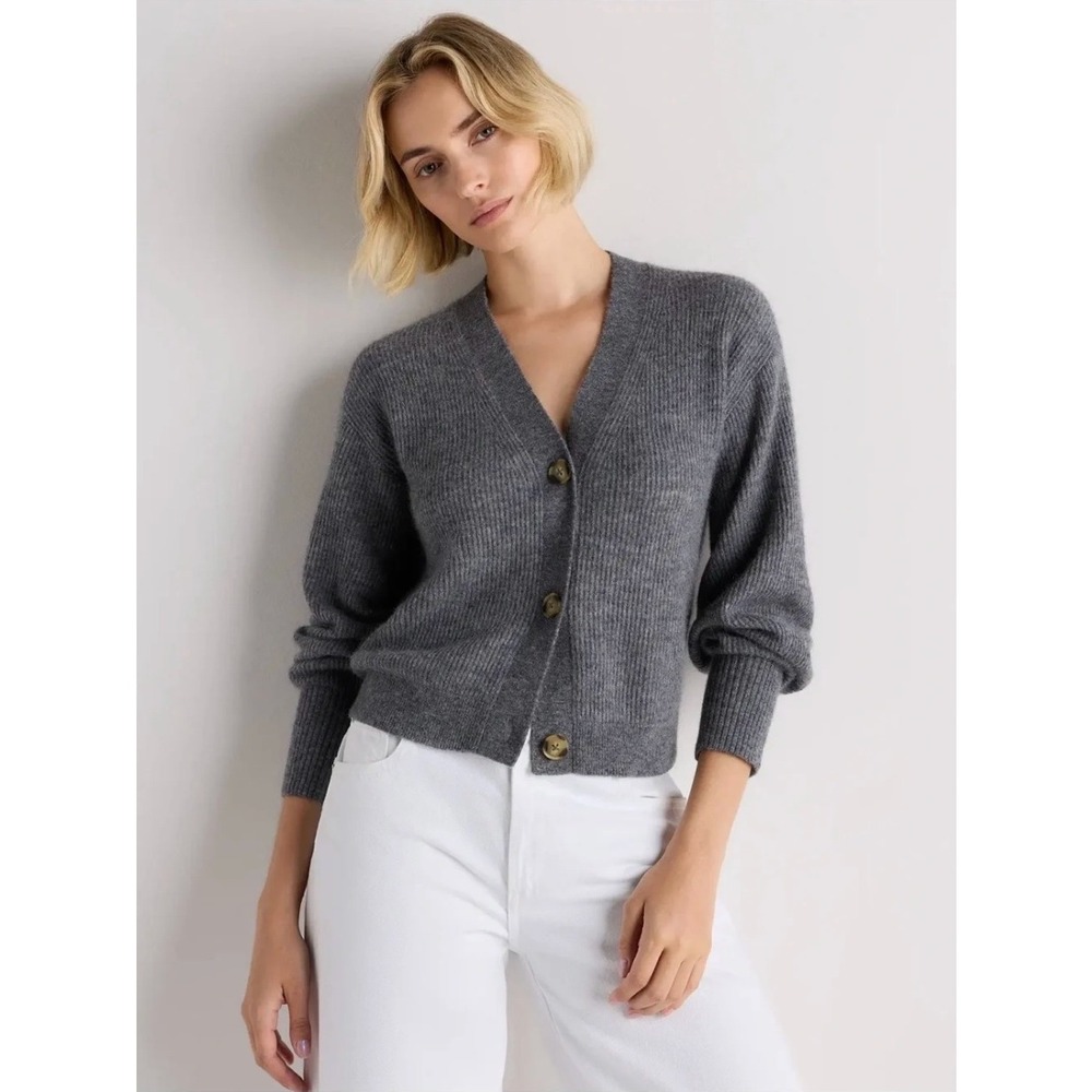 Quince Gray Wool Baby Alpaca Ribbed Button Front V-Neck Cardigan Size Small